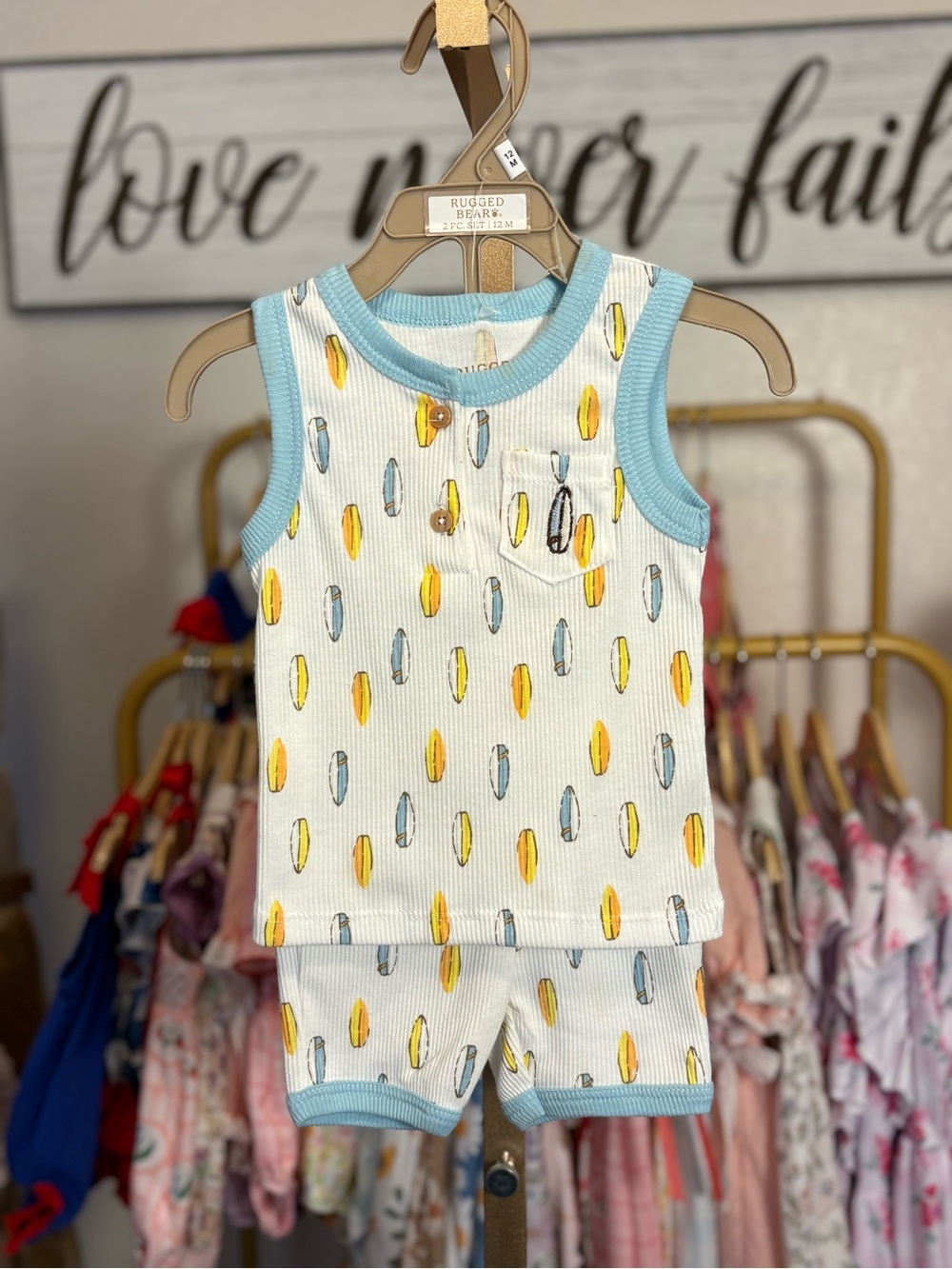 Rugged Bear Baby Blue Surfboard Print Tank & Shorts Set